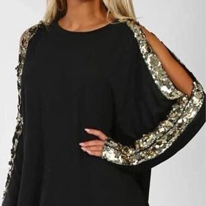 Black and Gold Sequin Peek a boo Shoulder Top